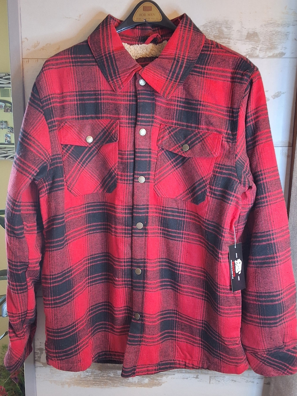 NWT Men's Red Plaid Sherpa-Lined Flannel Shirt Jacket Large